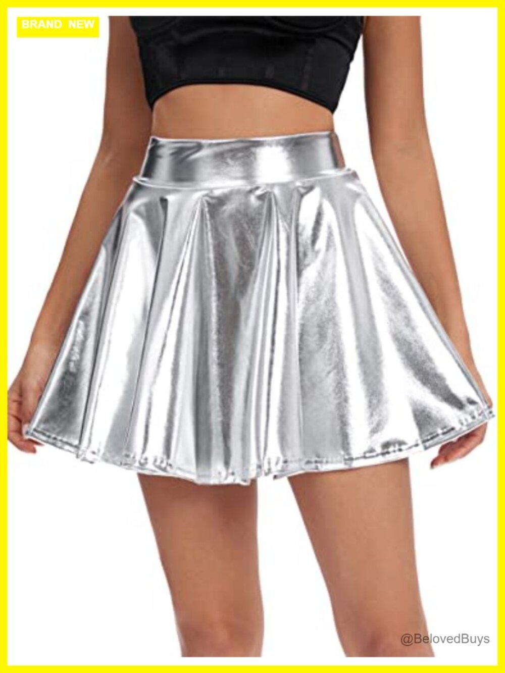 Women's Shiny Flared Pleated Mini Skater Skirt High Waist